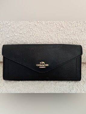 Coach Black Leather Envelope Wallet with Gold Logo Hardware